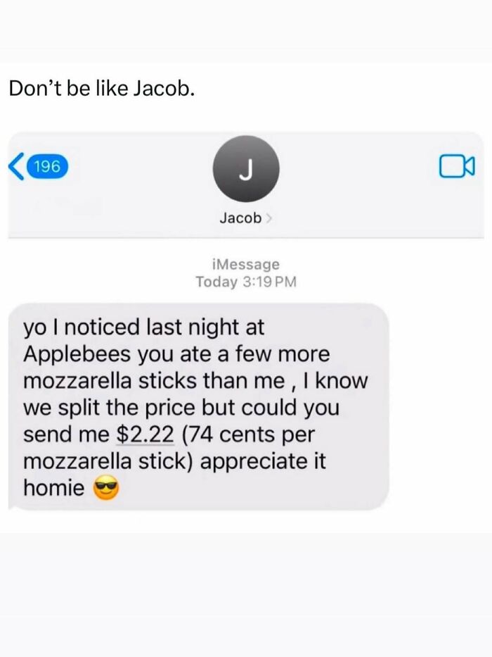 Funny post capturing the reality of being an adult, text message about splitting a bill for mozzarella sticks.