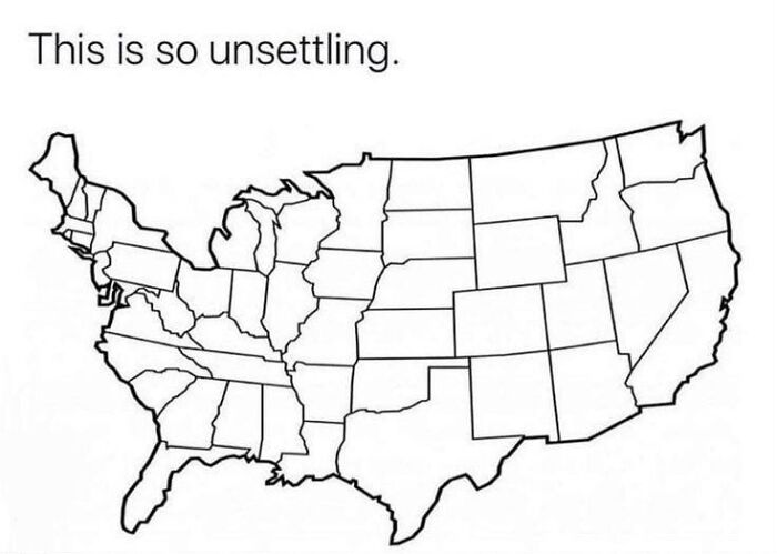 A funny pop culture post showing an unsettling map of the USA with altered state borders, for instant good vibes.