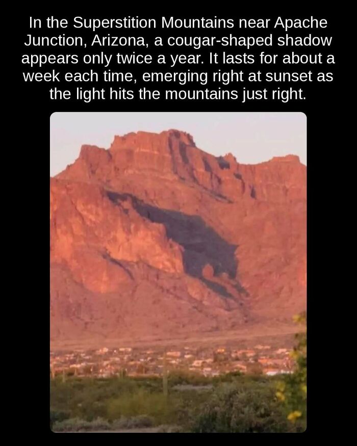 A cougar-shaped shadow on Superstition Mountains at sunset, an unseen fact about unique natural phenomena.