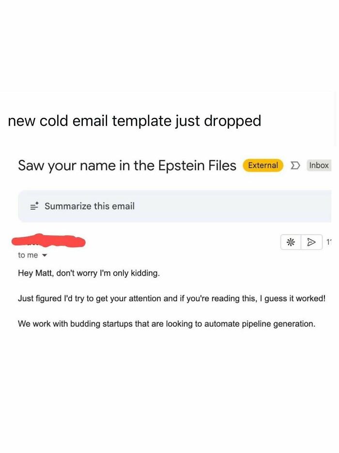A funny post for adults featuring a cold email with the subject line 'Saw your name in the Epstein Files.'