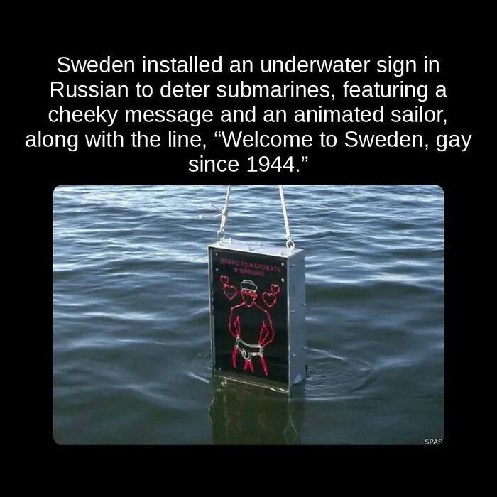 An underwater sign in Russian, featuring a sailor and a message, installed by Sweden, an unseen fact.