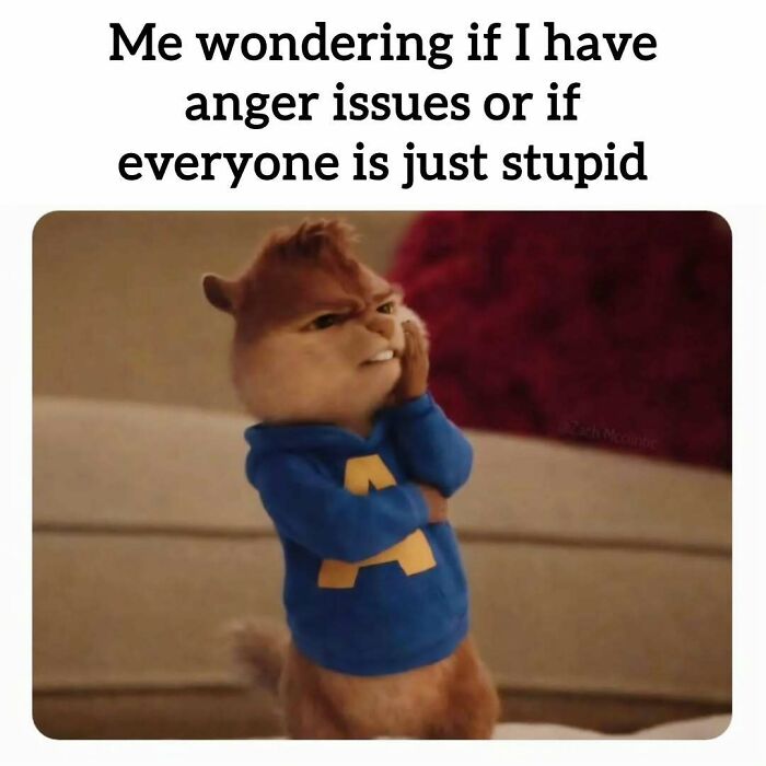 A relatable meme of Alvin from Alvin and the Chipmunks, looking annoyed and pondering anger issues at work.
