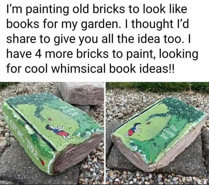 Bricks painted to look like books for a garden, a clever craft project for whimsical outdoor decor.