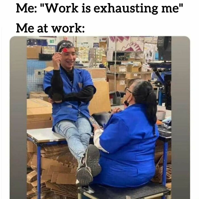 A relatable meme showing two people relaxed at work, humorously coping with the thought of working tomorrow.