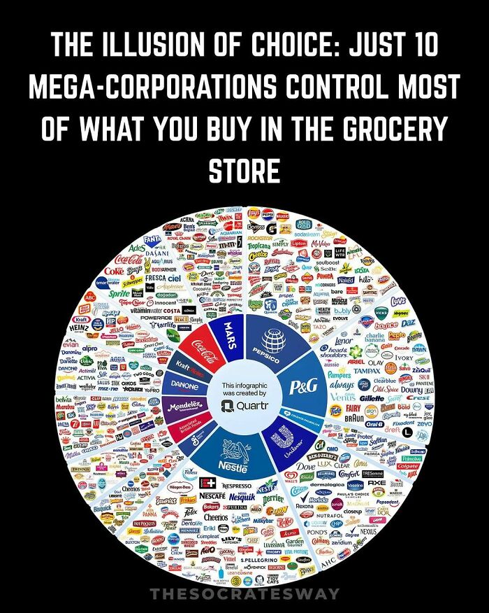 An infographic illustrating that 10 mega-corporations control most grocery store brands, revealing market consolidation.