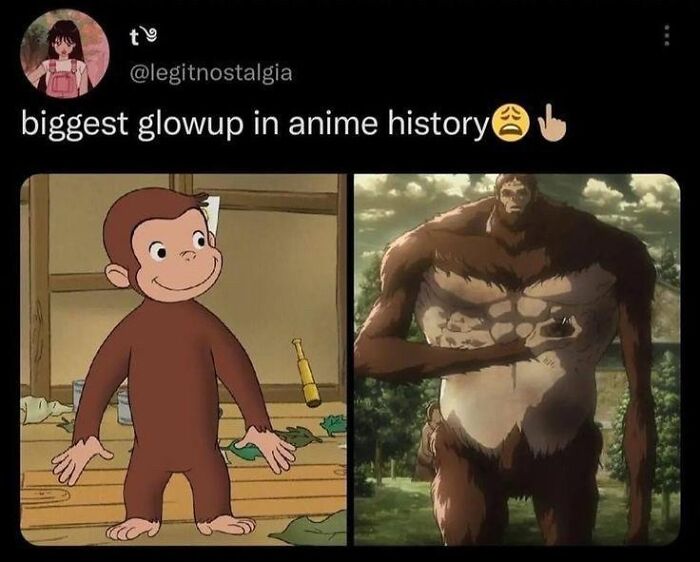 Funny pop culture posts: A split image showing Curious George and a muscular Titan from Attack on Titan.