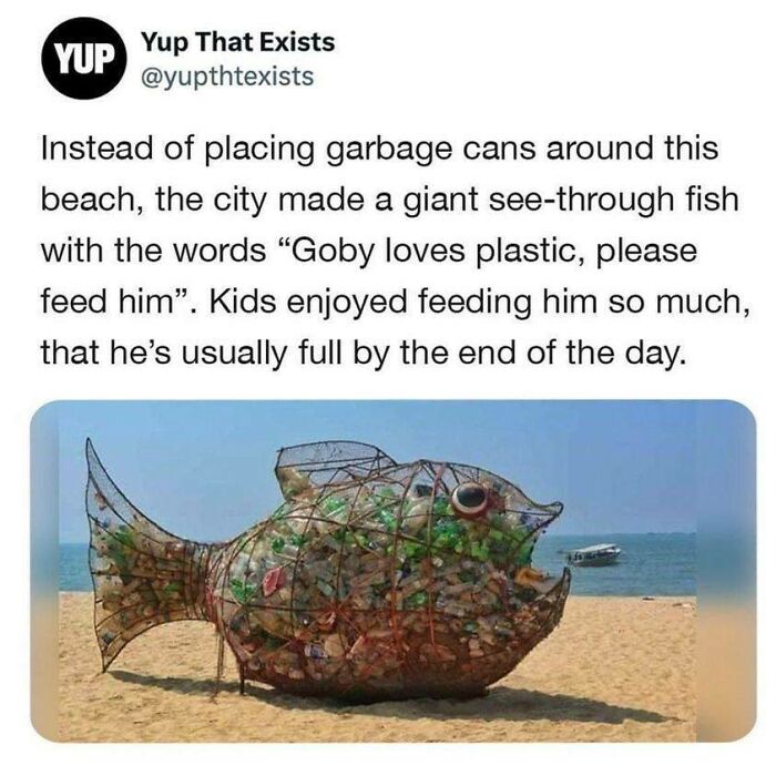 A unique craft project, a giant see-through fish made of metal filled with plastic waste on a beach.