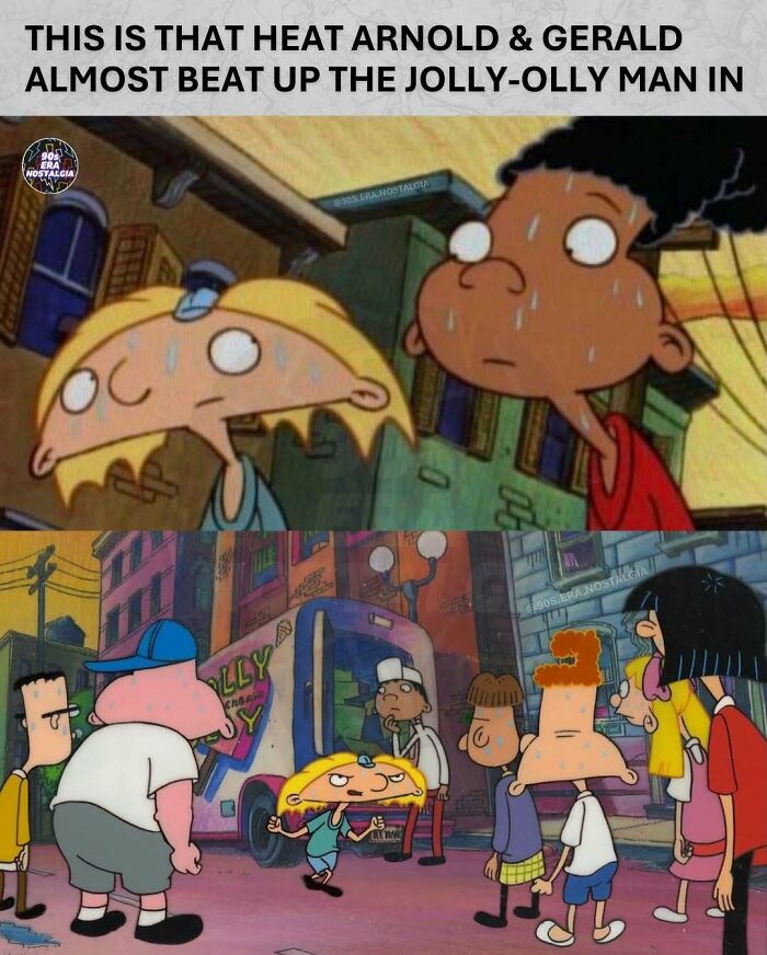 Arnold and Gerald sweating from summer heat, surrounded by funny memes about the heat.