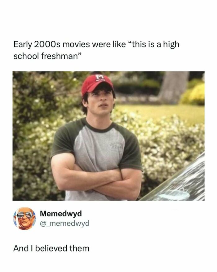 Funny pop culture posts: A teenage boy from an early 2000s movie, looking contemplative with crossed arms.