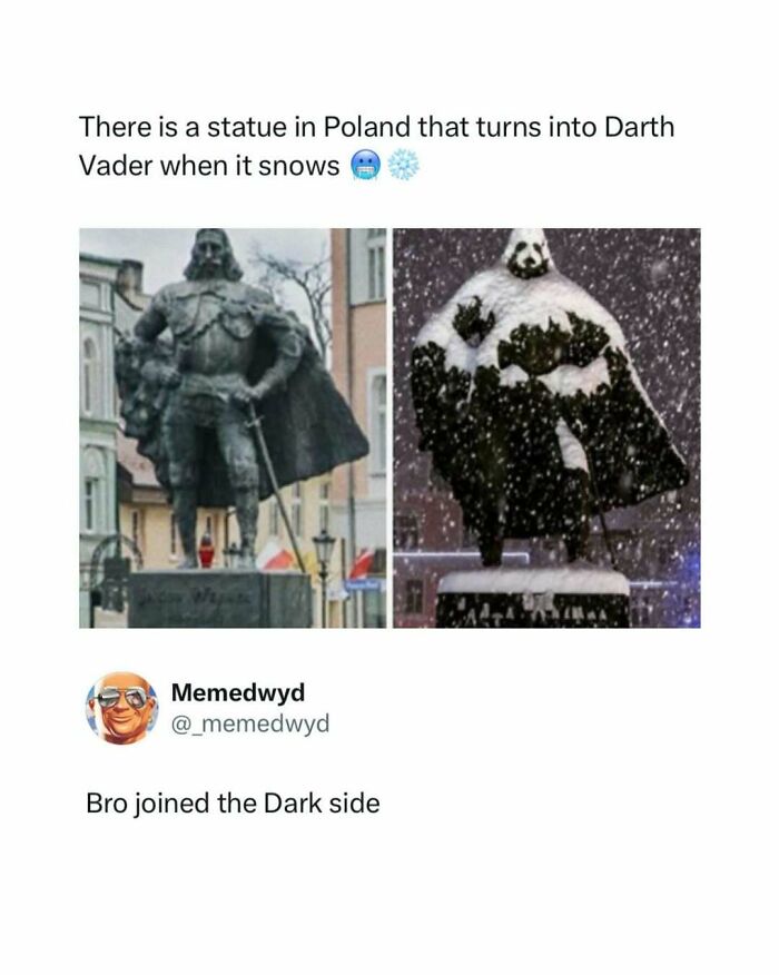 A statue in Poland before and after snowfall, transforming into Darth Vader, a funny pop culture post.