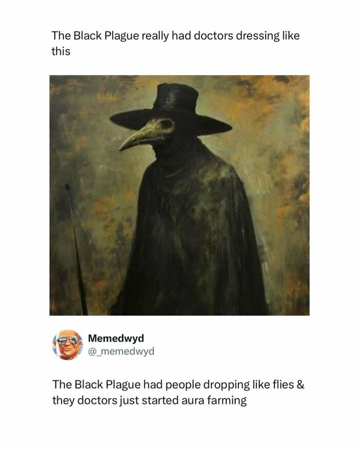 A meme featuring a painting of a Black Plague doctor with a bird-like mask, one of many funniest pop culture posts.