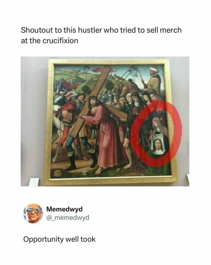 A classical painting depicting the crucifixion, with a detail circled in red, a funny pop culture post.