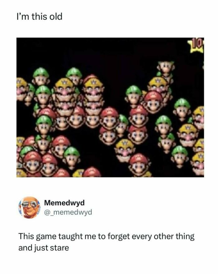 Funny pop culture posts featuring a meme about a game with many Mario and Luigi faces, providing good vibes.