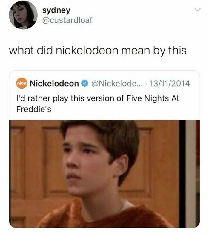 A tweet from Sydney about Nickelodeon, featuring a meme of a person from iCarly, a funny pop culture post.