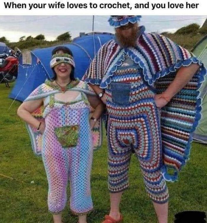 A couple in matching, brightly colored crochet outfits, showcasing their clever craft projects and unique style.
