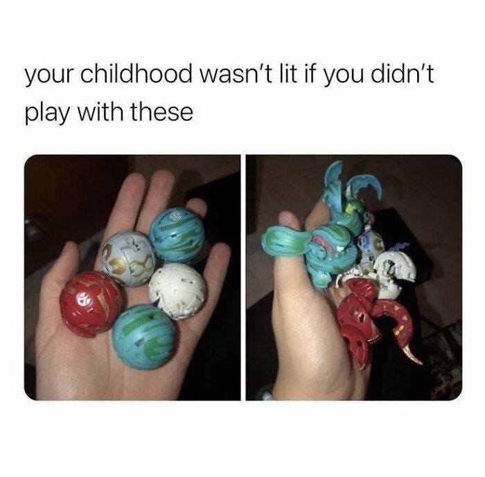 Two hands holding various Bakugan toys, showing them in ball and transformed dragon forms, a pop culture post.
