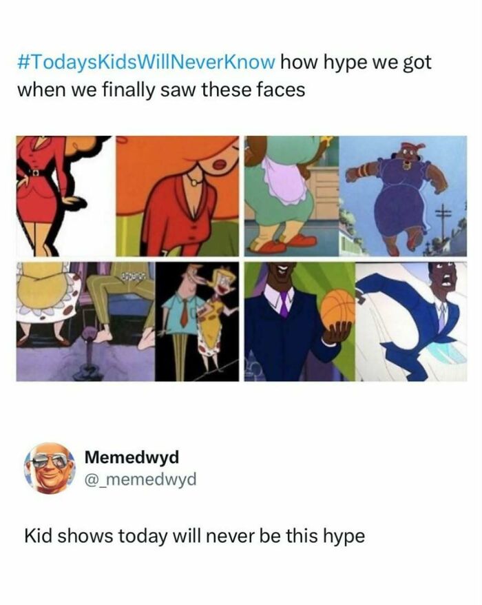A meme showing characters' faces from classic cartoons, one of the funniest pop culture posts.