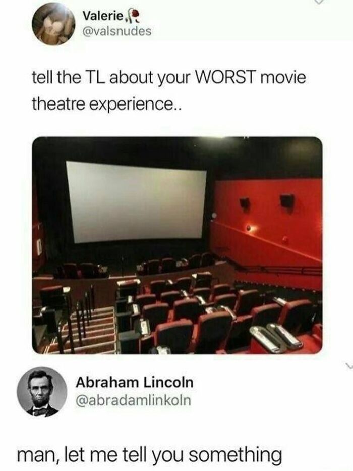 An empty movie theater with red seats and a large screen. A funny pop culture post about movie experiences.