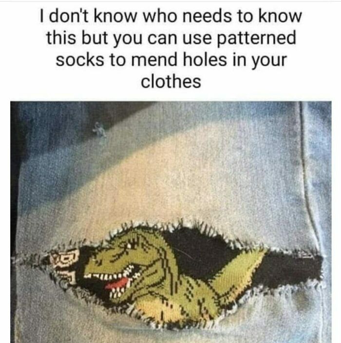 A close-up of a ripped jean pocket revealing a dinosaur-patterned sock, a clever way to mend clothes.
