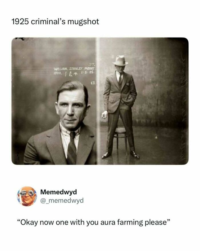 Black and white mugshot of a man in a suit for funniest pop culture posts.