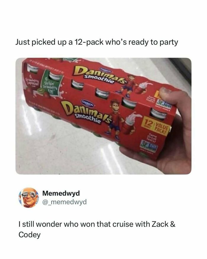 Danimals smoothie 12-pack for a party, a funny pop culture post for instant good vibes.