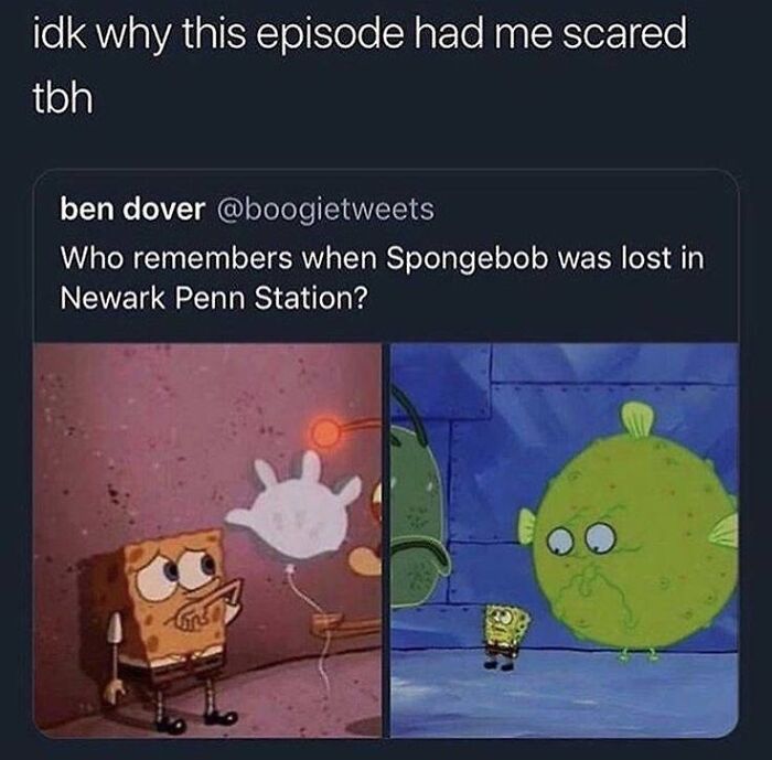Spongebob Squarepants looking scared and a giant pufferfish, a funny pop culture post.