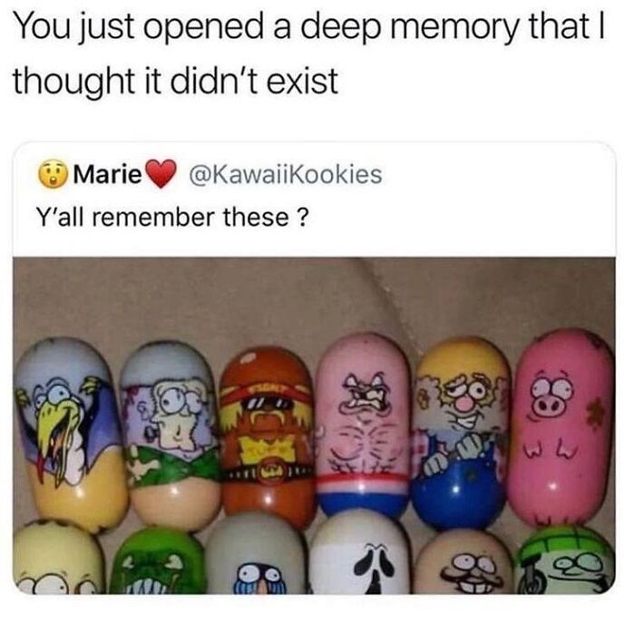 A meme showing pop culture posts about old cartoon character toys, triggering nostalgia and funny memories for good vibes.