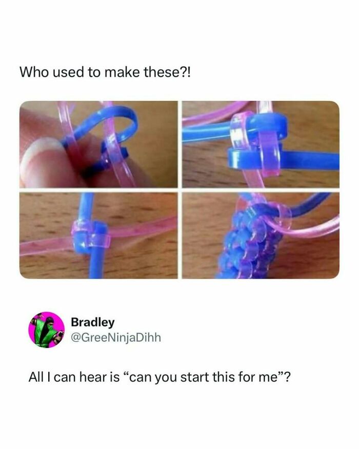 A split image of hands weaving a plastic lanyard, ending with a fully braided lanyard, a funny pop culture post.