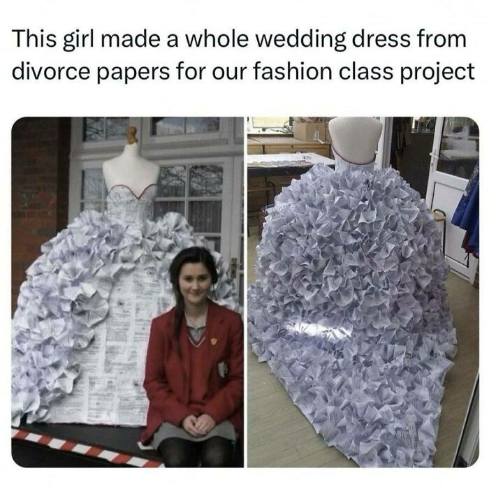 A girl stands proudly next to a wedding dress crafted from divorce papers, a clever fashion class project.