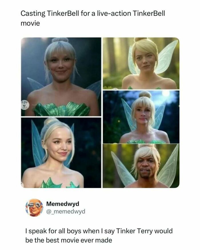 Funny pop culture posts showing various actors considered for TinkerBell, including a humorous male option.