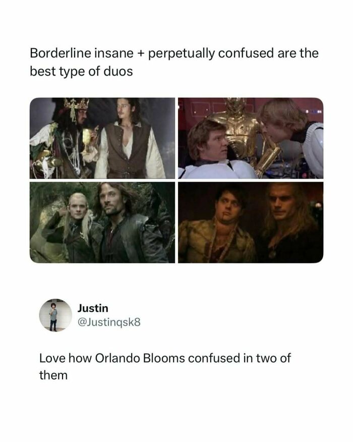 A collage of four movie scenes showing confused duos, including Orlando Bloom in two, a pop culture post.