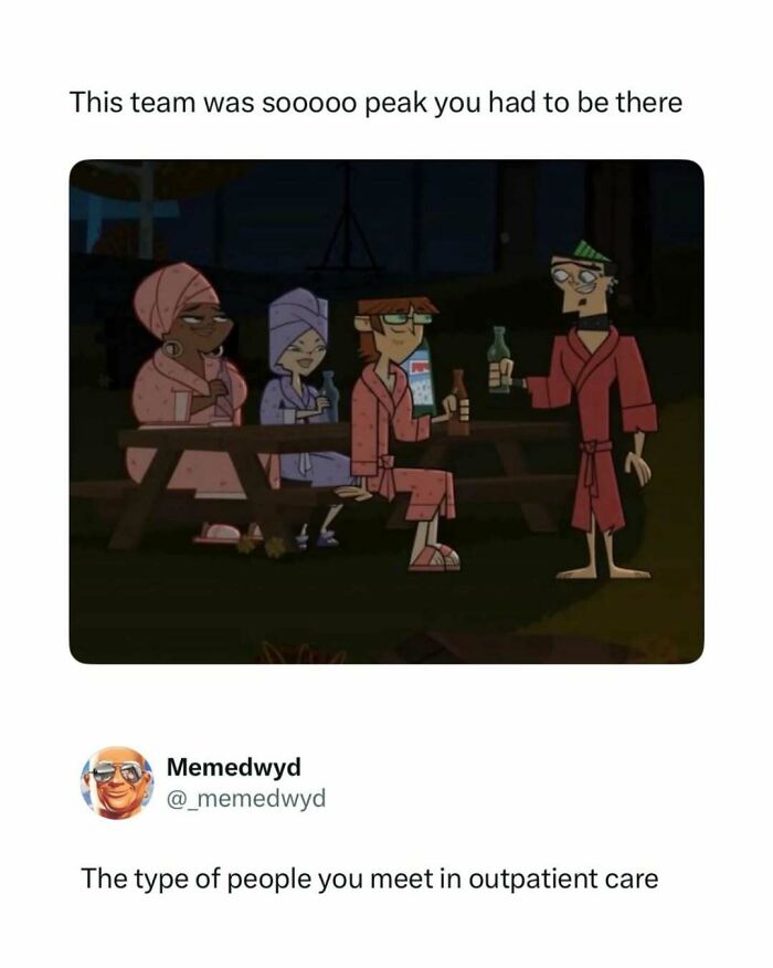 Funny pop culture posts: Cartoon characters in robes sitting around a table, sharing drinks and laughs.