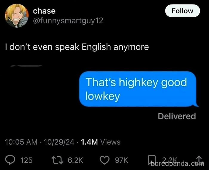 A tweet shows a message saying That's highkey good lowkey, a painfully cringe post.