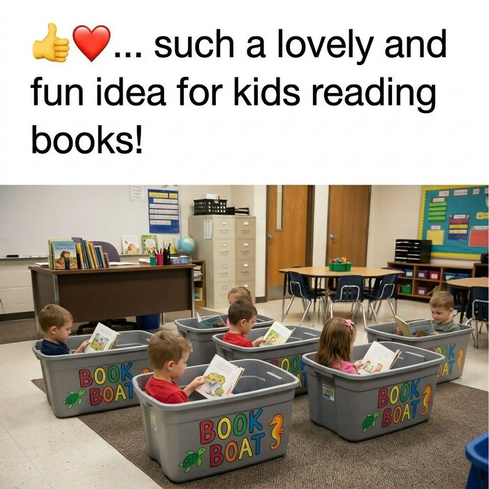 Kids sitting in book boats, a clever craft project for reading in a classroom.