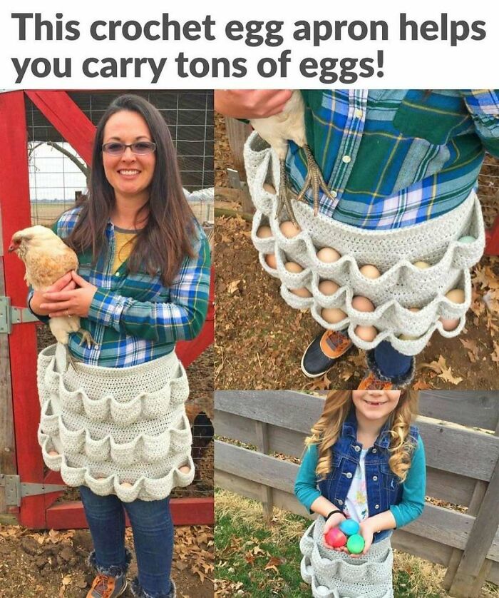 A woman and a girl showcasing a crochet egg apron, a handy craft project for carrying eggs.