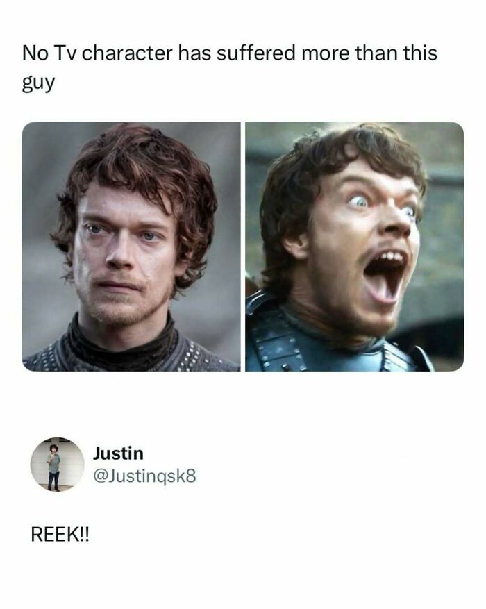 A meme showing two images of Theon Greyjoy from Game of Thrones, one normal and one screaming, captioned No TV character has suffered more, one of the funniest pop culture posts.