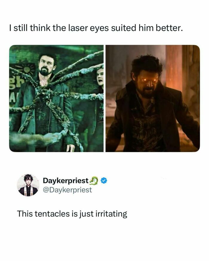 A pop culture post comparing two images of Karl Urban as Billy Butcher, one with laser eyes, the other with tentacles.
