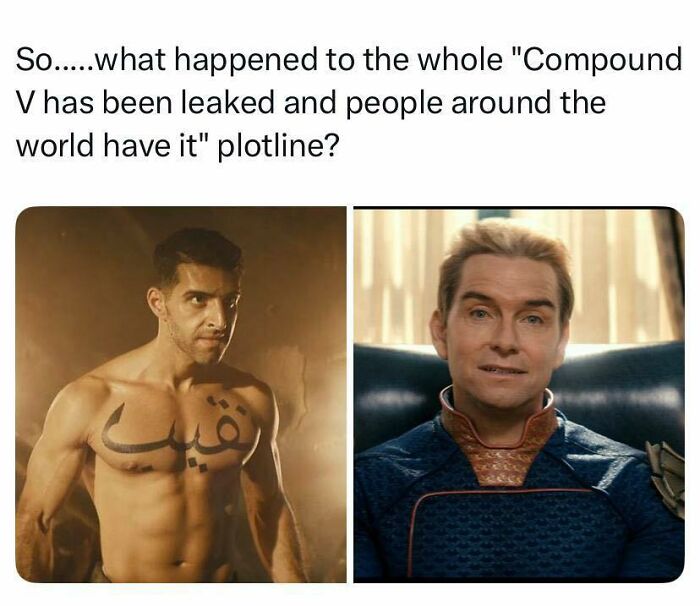 A split image featuring characters from The Boys, with text questioning the Compound V plotline, a funny pop culture post.