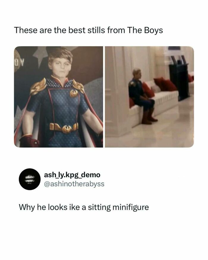 The Boys stills, a character looking like a sitting minifigure, a funny pop culture post for instant good vibes.