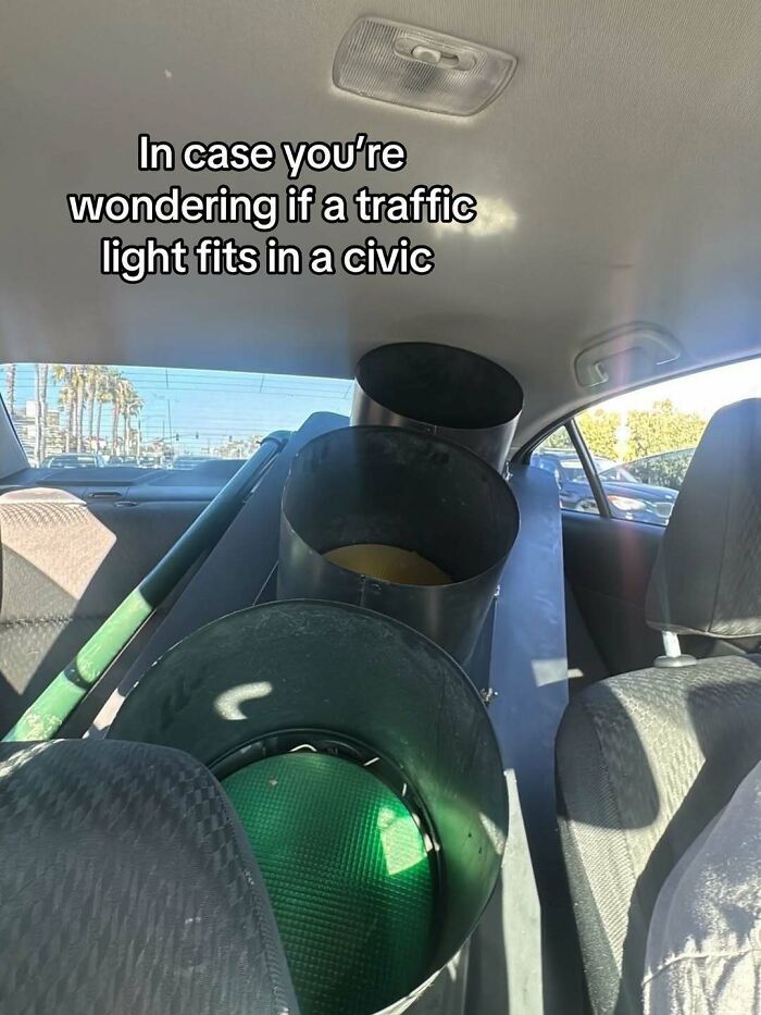 A cringe meme showing a traffic light packed inside a car, illustrating an unhinged situation.