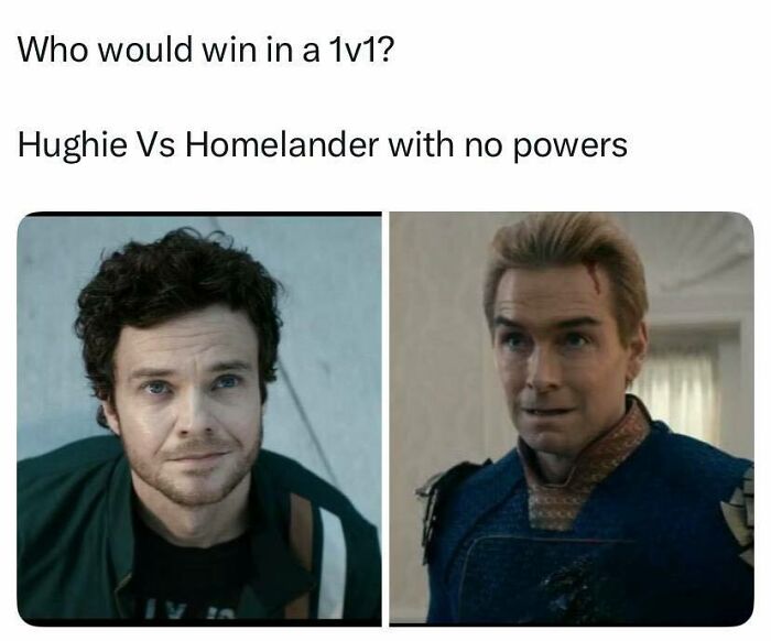 A humorous pop culture post featuring Hughie and Homelander from The Boys in a 1v1 debate.