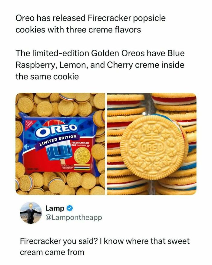 Limited edition Firecracker Oreo cookies with red, white, and blue creme, perfect for pop culture posts.