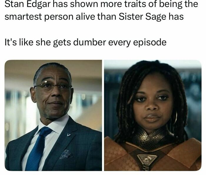 Side-by-side images of Stan Edgar and Sister Sage from a TV show, a funny pop culture post.