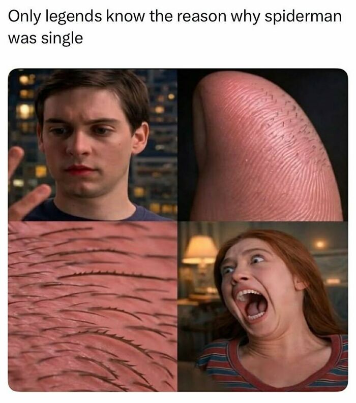 Funny pop culture post showing why Spider-Man was single, with close-ups of prickly skin, for good vibes.