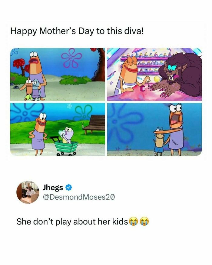 A meme with funny pop culture posts, featuring four panels of a Spongebob character with text about Mother's Day.