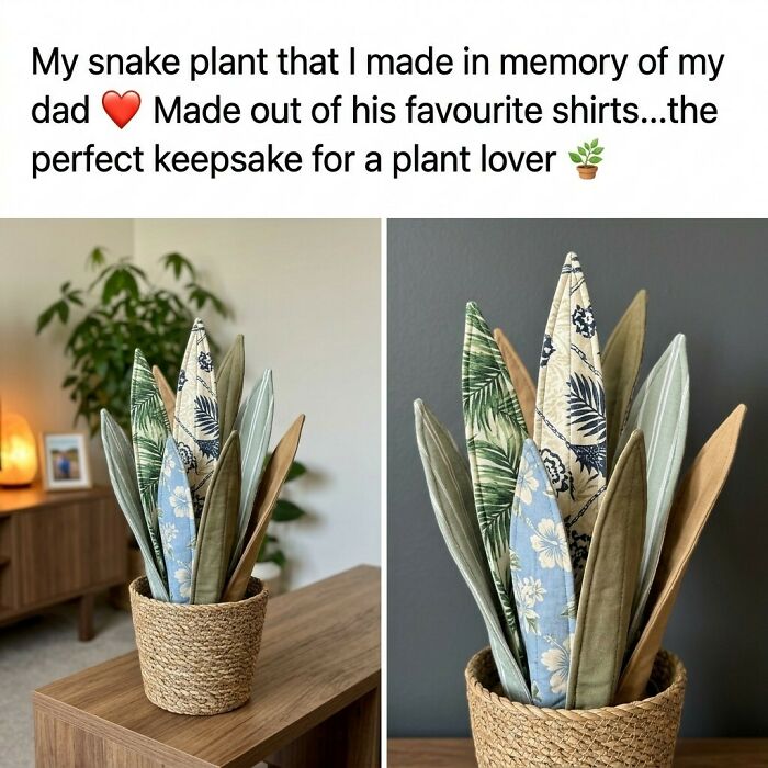 A fabric snake plant, a heartfelt craft project made from old shirts, displayed in a woven pot.