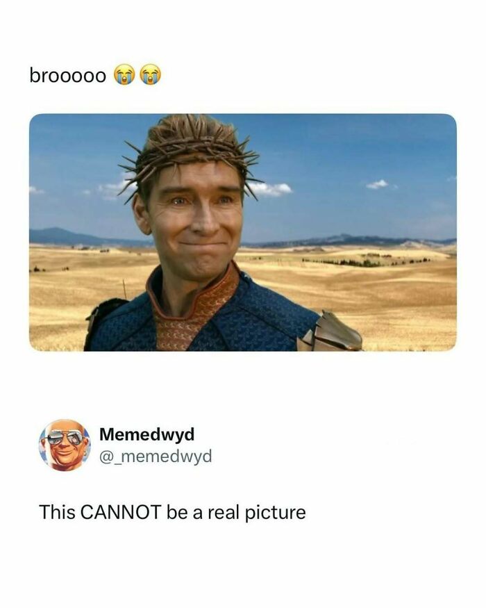 Funny pop culture posts: Homelander from The Boys with a crown of thorns in a desert landscape.