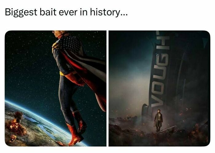 A meme from funny pop culture posts, displaying two movie posters side-by-side: a superhero flying and a man walking in a destroyed city.