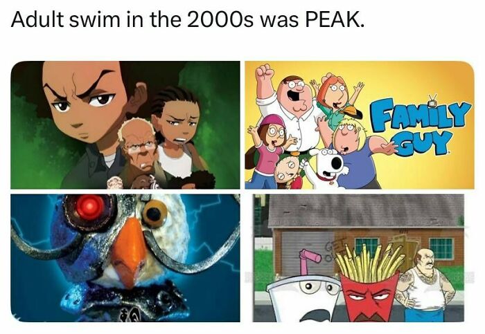 A collage of screenshots from popular Adult Swim shows like The Boondocks and Family Guy. Funniest pop culture posts.