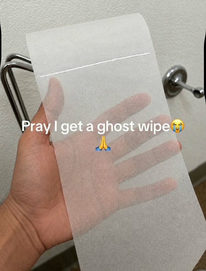 A hand holding up a piece of extremely thin, translucent toilet paper, showing the fingers through it, one of many cringe memes.